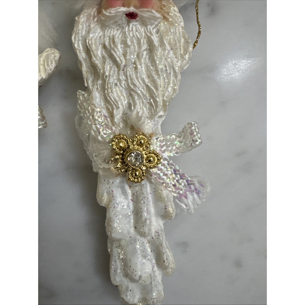 White Glitter Santa Claus Icicle Ornaments Gold Accents Faux Fur Trim Set of 2 - Picture 5 of 8